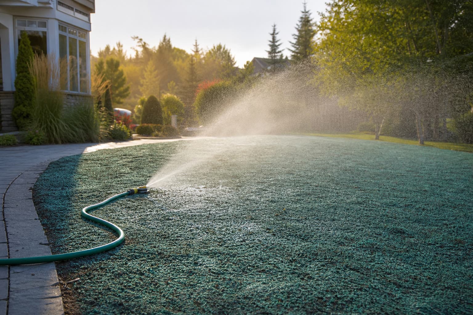 Arrosage léger d'un terrain fraîchement hydroseedé dans un jardin résidentiel